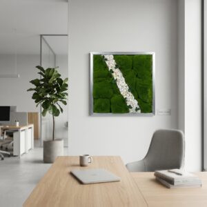 2ft x 2ft Framed Living Moss Wall Art — Preserved Green Moss Panel with White River Pebbles | Biophilic Wall Decor, Zen Office Art, Minimalist Nature Frame