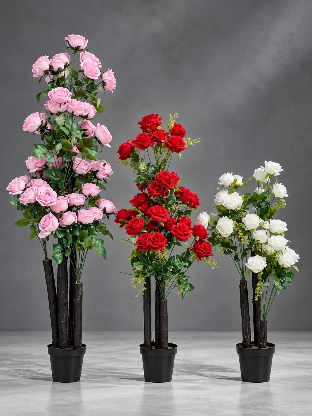 Three-Artificial-Rose-Trees-in-Black-Pots.webp Artificial Rose Tree 100cm 120cm 150cm | Decorative Rose Plant Nigeria - Image 1